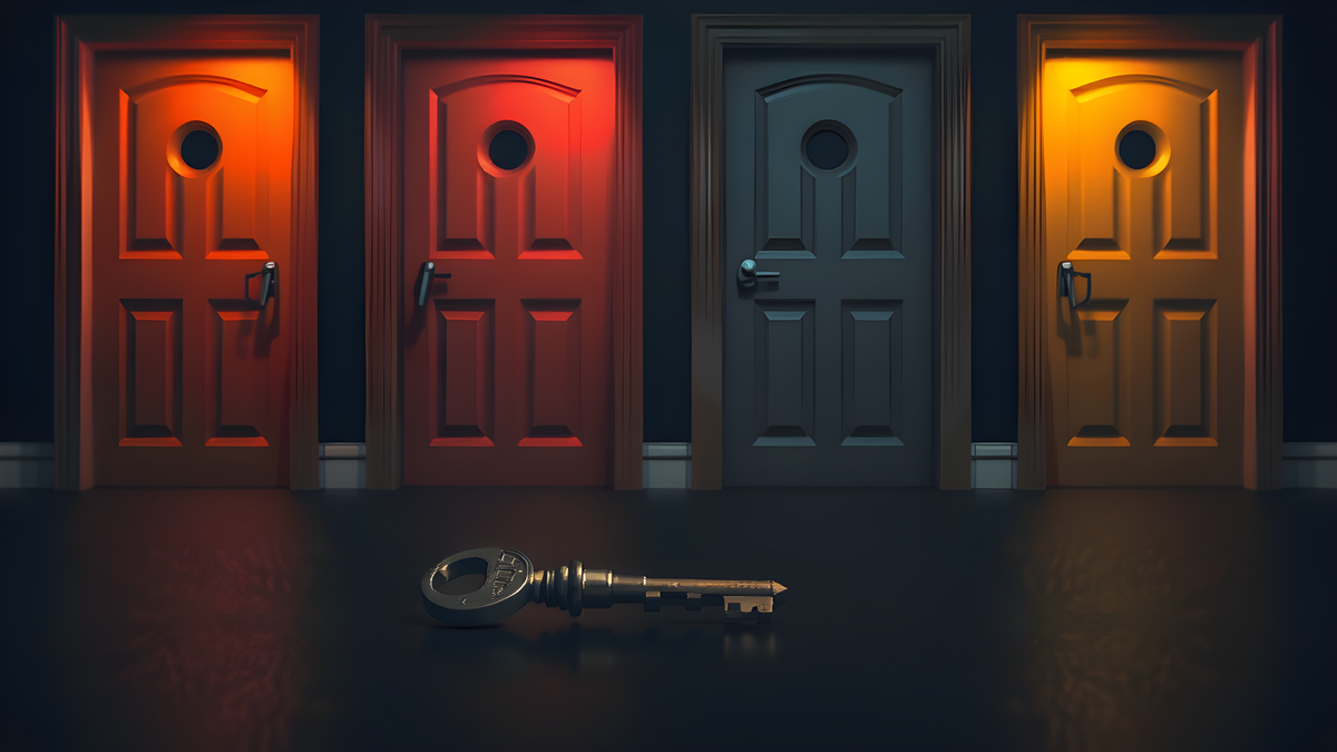 A single brass key before four closed doors, each a different color