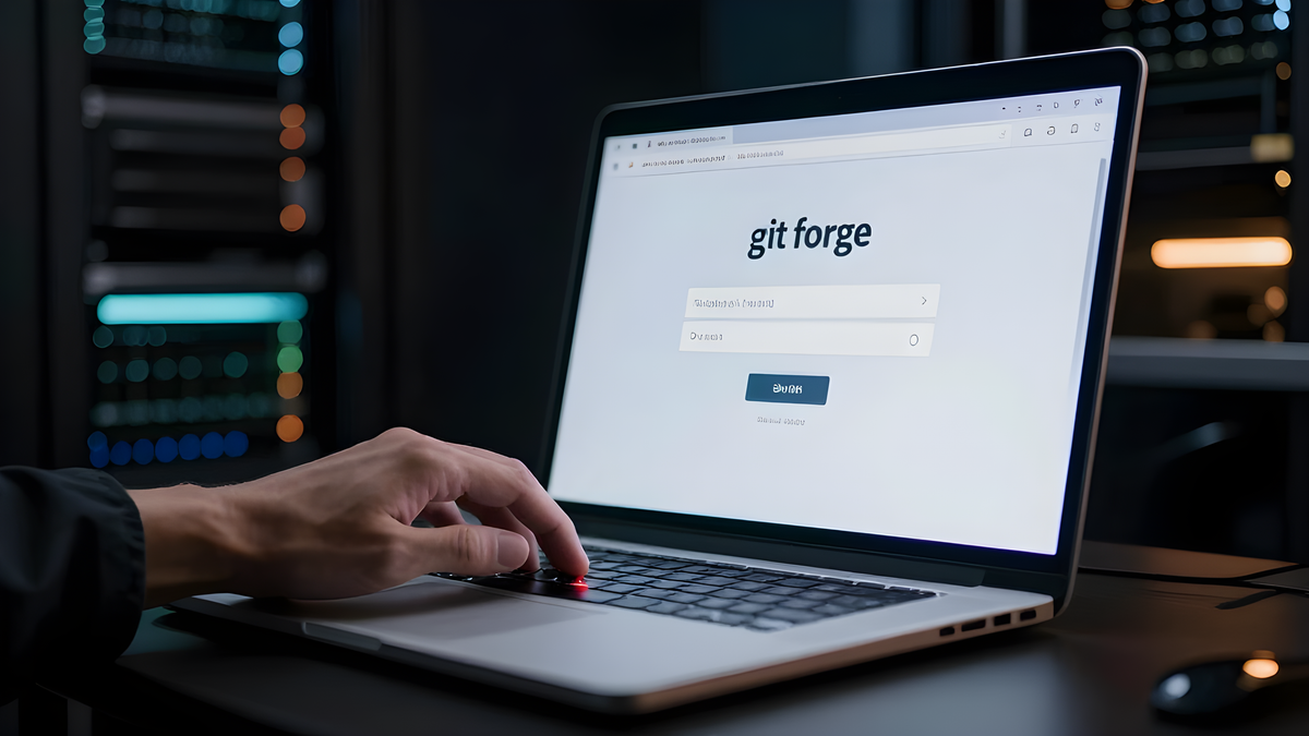 A self-hosted git forge login page on a laptop screen in a dark server room, a second hand typing into the sign-in field