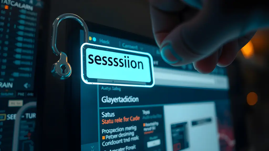 A padlock clipped to a status-page dashboard with a glowing session token, rendered with AI.