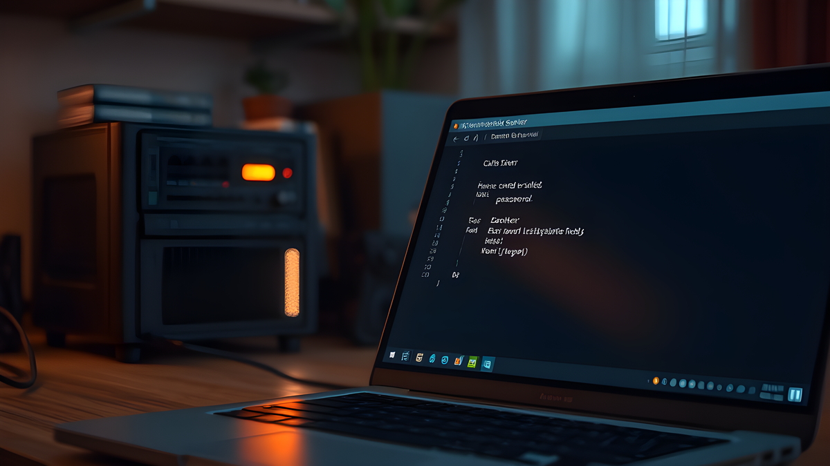 A self-hosted server on a desk with a laptop showing an open terminal prompt and no password field, rendered with AI.
