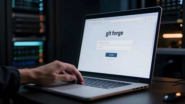 A self-hosted git forge login page on a laptop screen in a dark server room, a second hand typing into the sign-in field