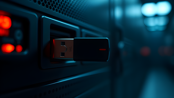 A USB hardware security key (a WebAuthn passkey) plugged into a server port, its LED glowing red