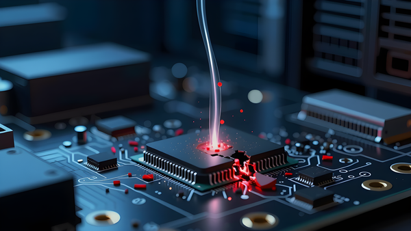 A data stream striking a chip and cracking it open, leaking red memory fragments.